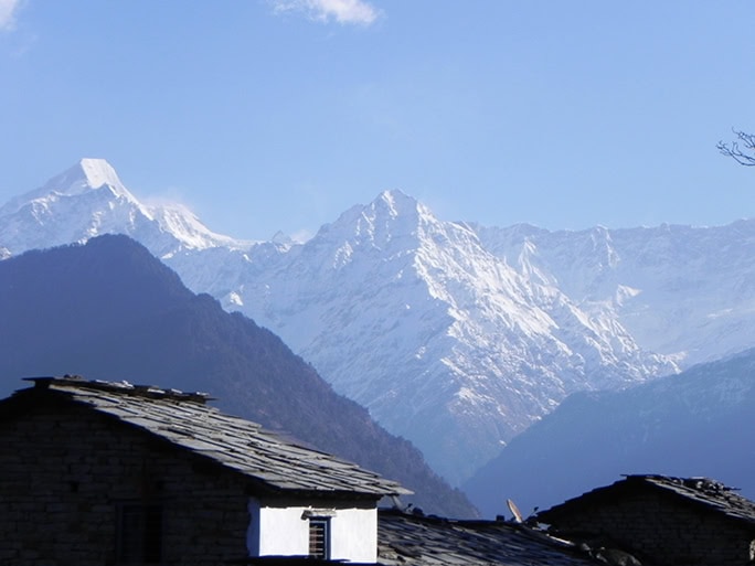 India Village Ways, hiking Himalayas - Dhurr village with mountains beyond Pindar